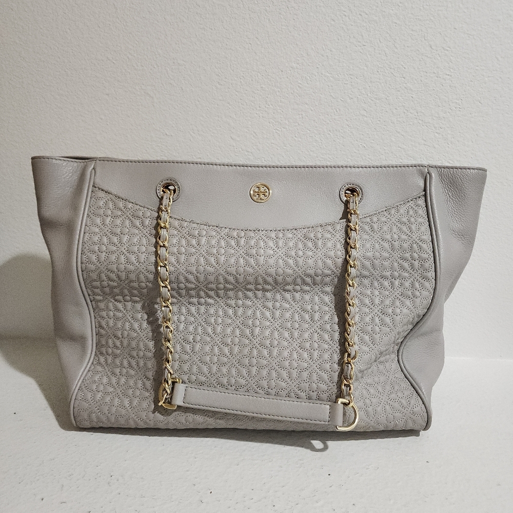 Tory Burch Grey Embossed Leather Bryant East West Tote with Dust Bag